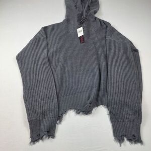 Waffle Knit Distressed Hooded Sweater - Gray